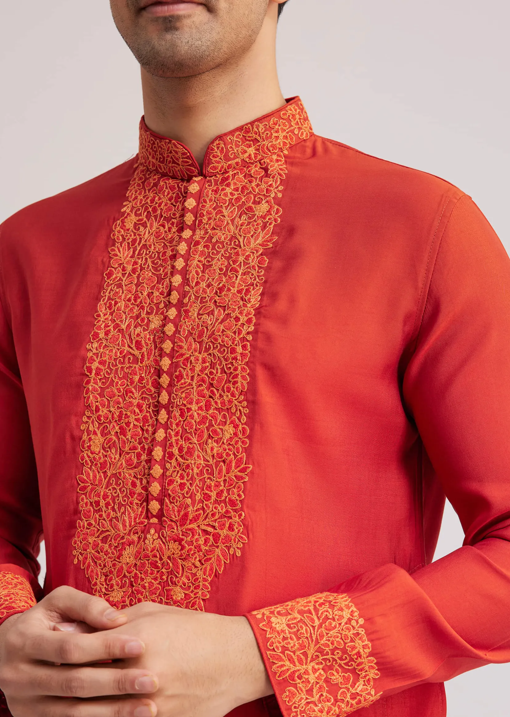 Orange Silk Poly Viscose Kurta Set With Thread Embroidery
