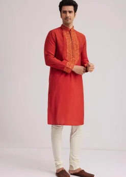 Orange Silk Poly Viscose Kurta Set With Thread Embroidery