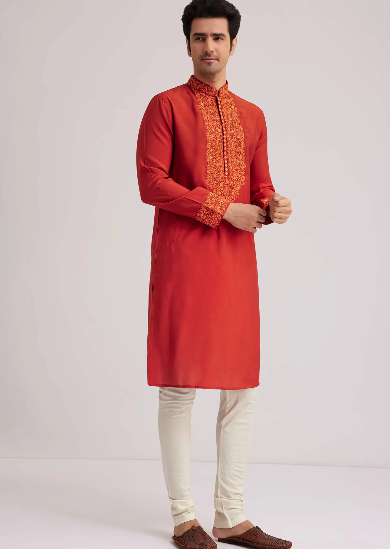 Orange Silk Poly Viscose Kurta Set With Thread Embroidery
