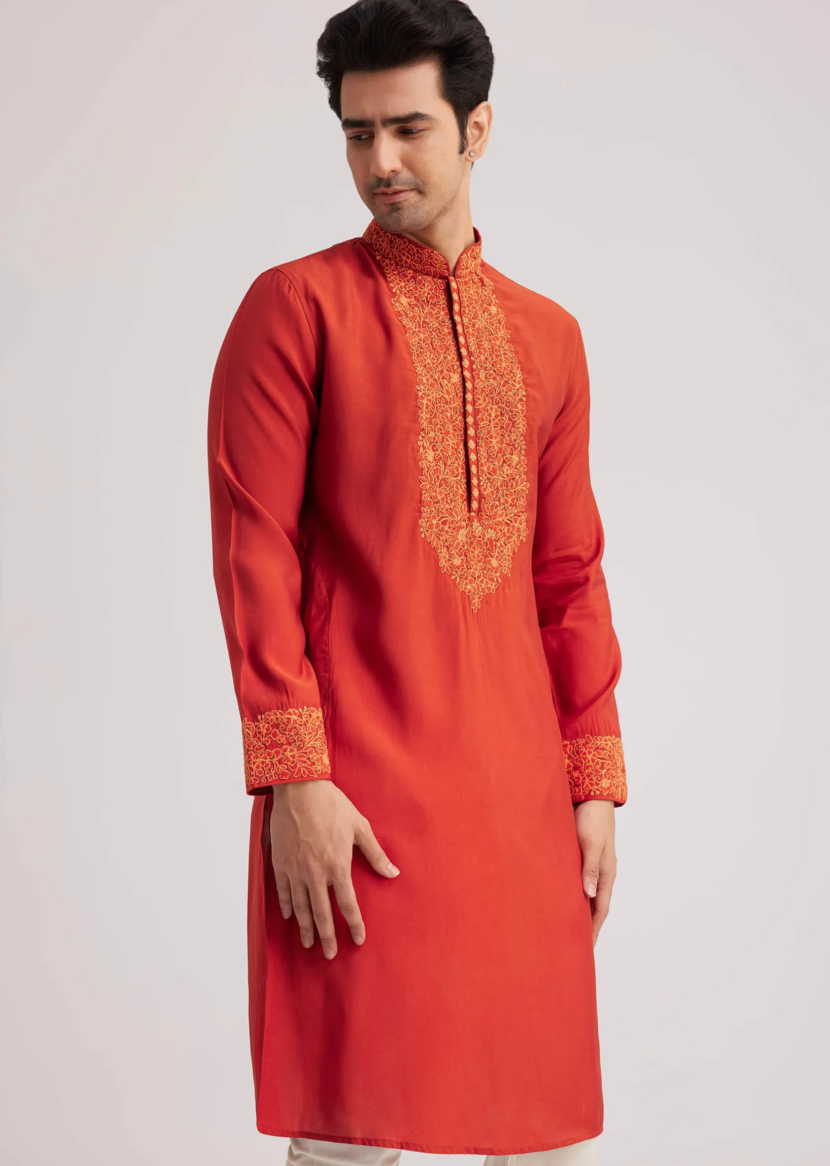 Orange Silk Poly Viscose Kurta Set With Thread Embroidery