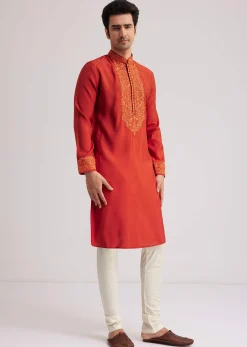 Orange Silk Poly Viscose Kurta Set With Thread Embroidery