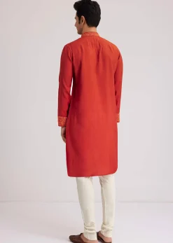 Orange Silk Poly Viscose Kurta Set With Thread Embroidery