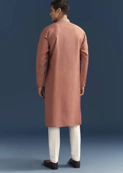 Orange Silk Textured Kurta Set For Men With Resham Work