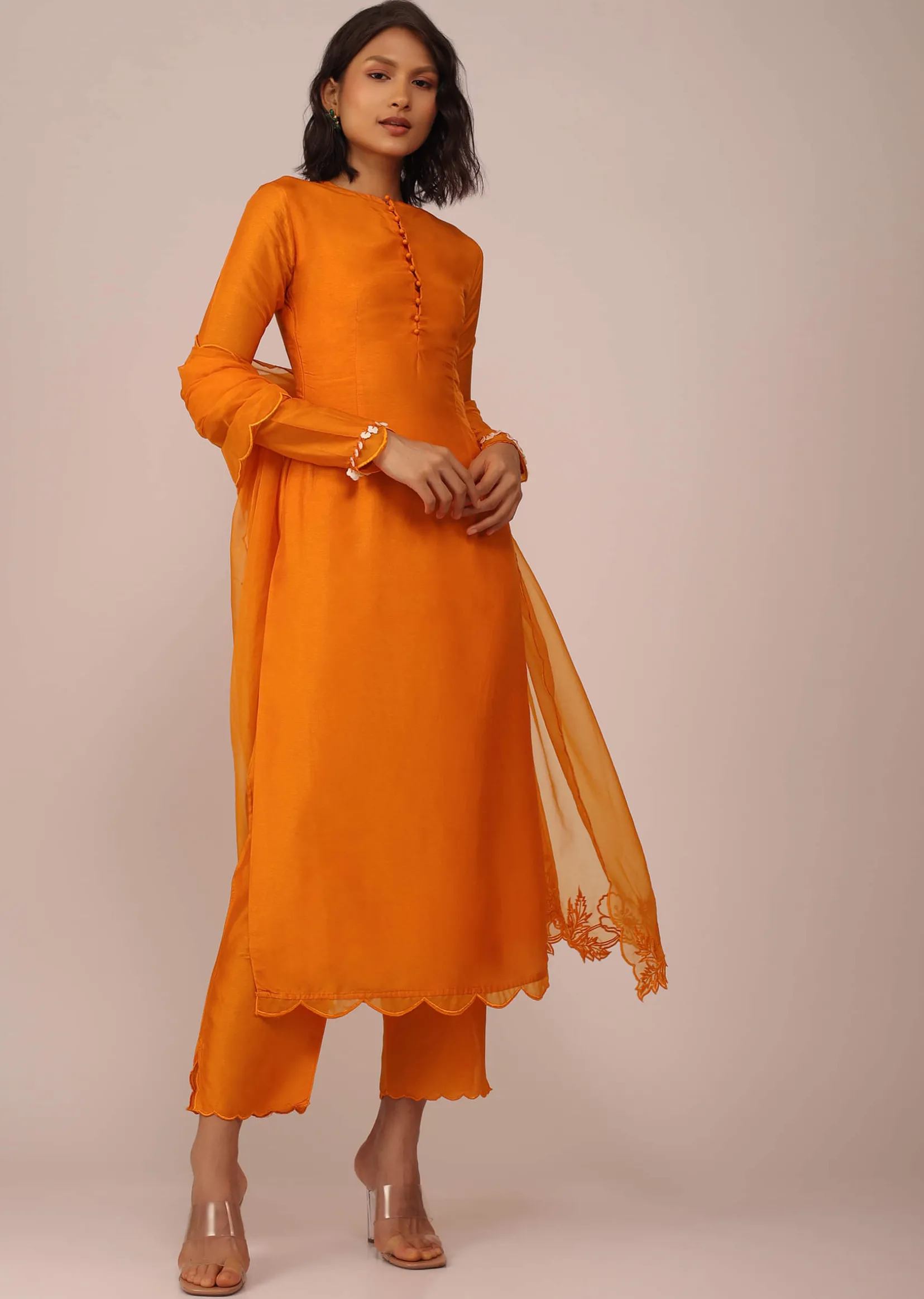 Orange Suit Set In Art Silk Adorned With Tassels
