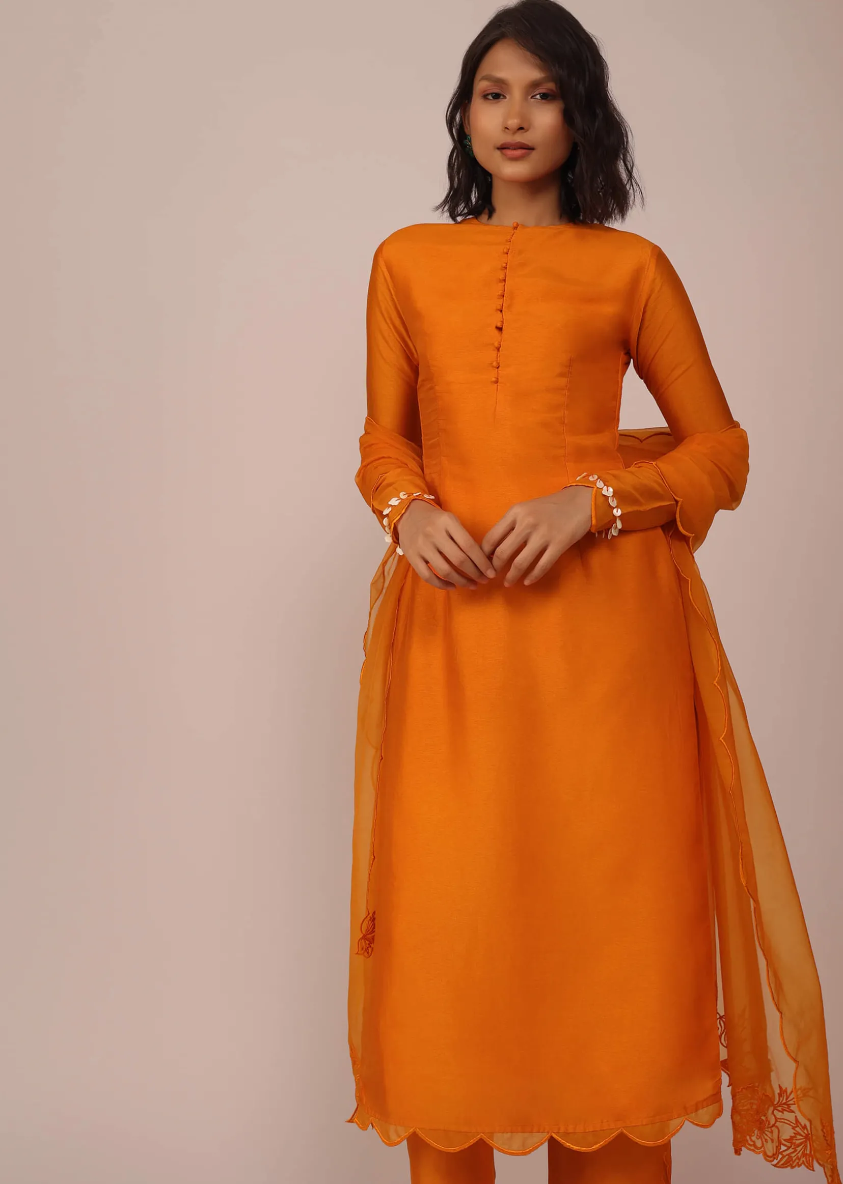 Orange Suit Set In Art Silk Adorned With Tassels