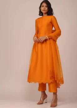 Orange Suit Set In Art Silk Adorned With Tassels