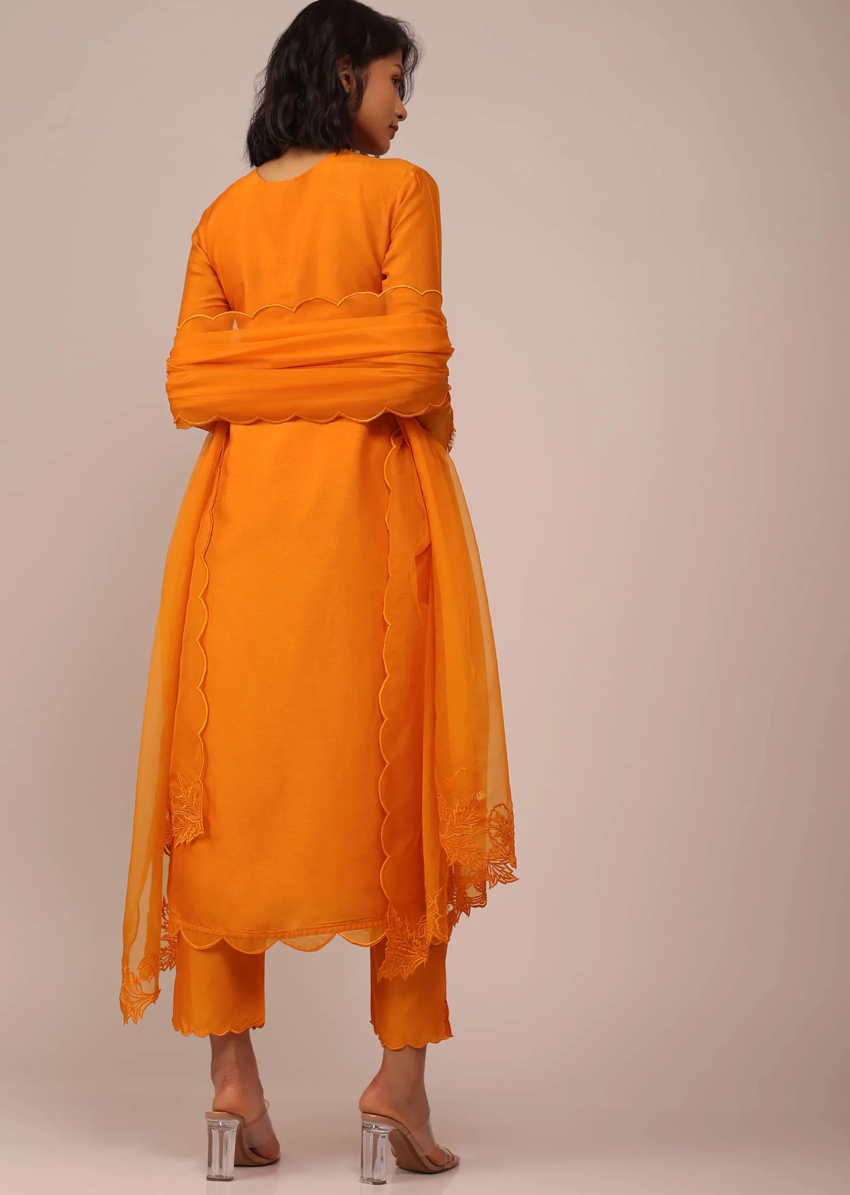 Orange Suit Set In Art Silk Adorned With Tassels