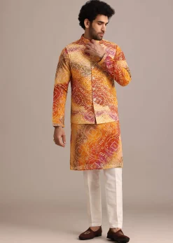 Orange Tie Dye Jacket Kurta And Jacket Set With Mirror Work