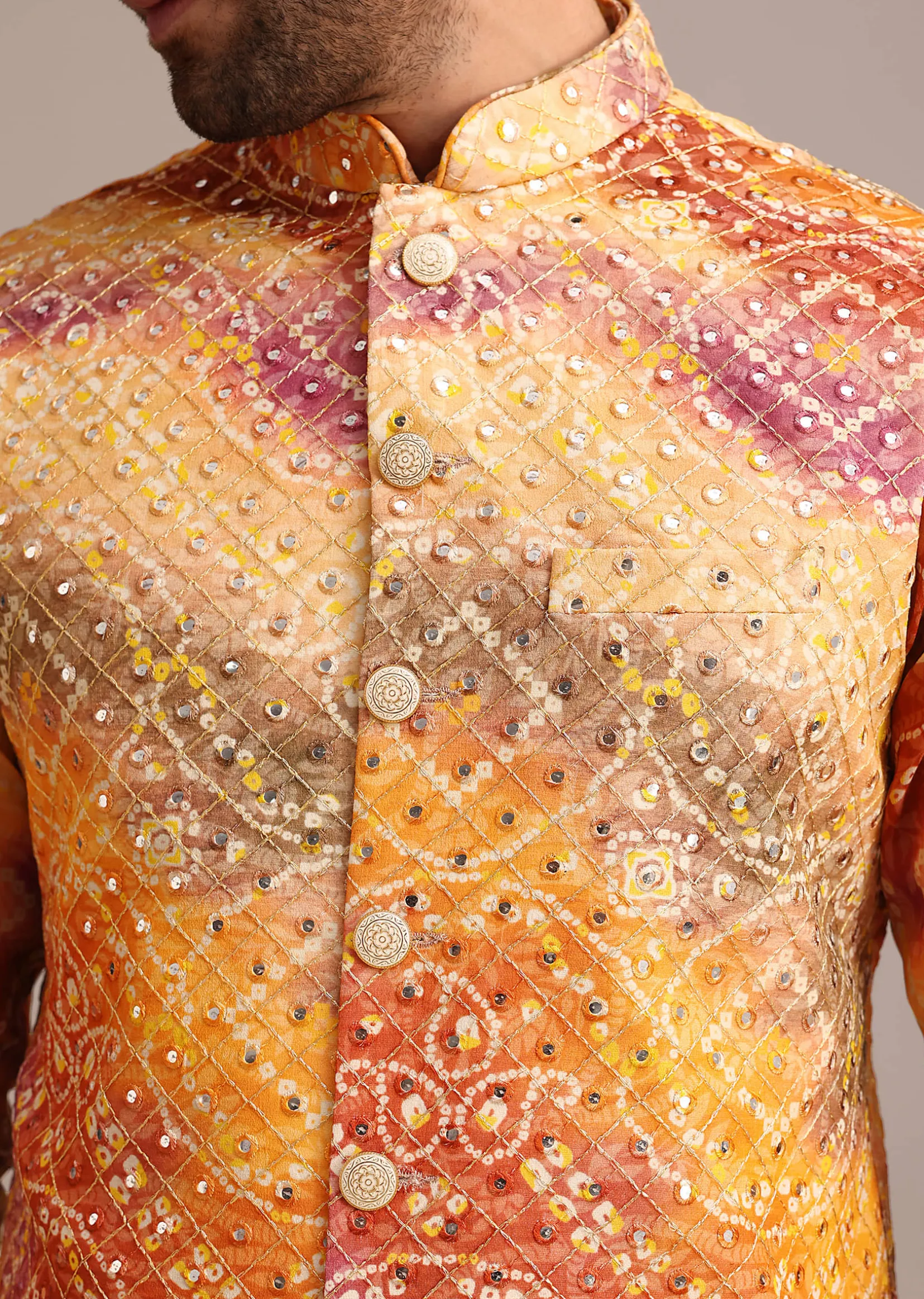 Orange Tie Dye Jacket Kurta And Jacket Set With Mirror Work