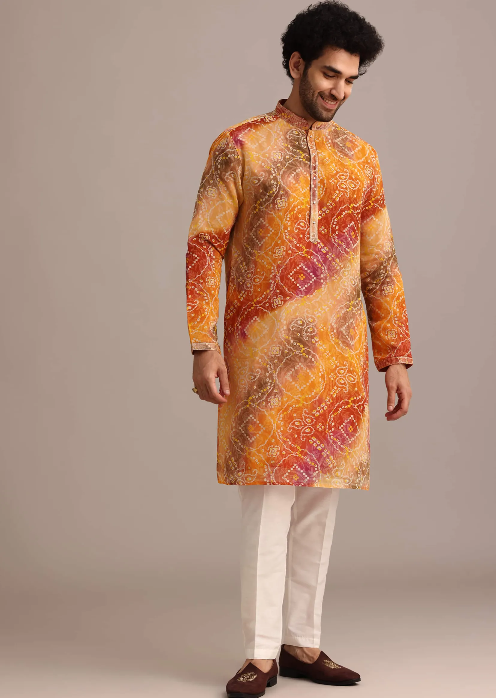 Orange Tie Dye Jacket Kurta And Jacket Set With Mirror Work