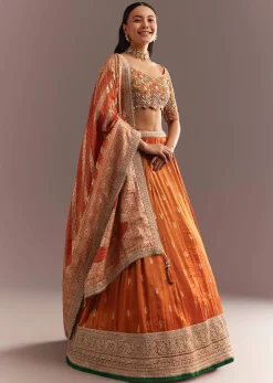 Orange Tissue Butti Embroidered Lehenga Choli And Woven Dupatta