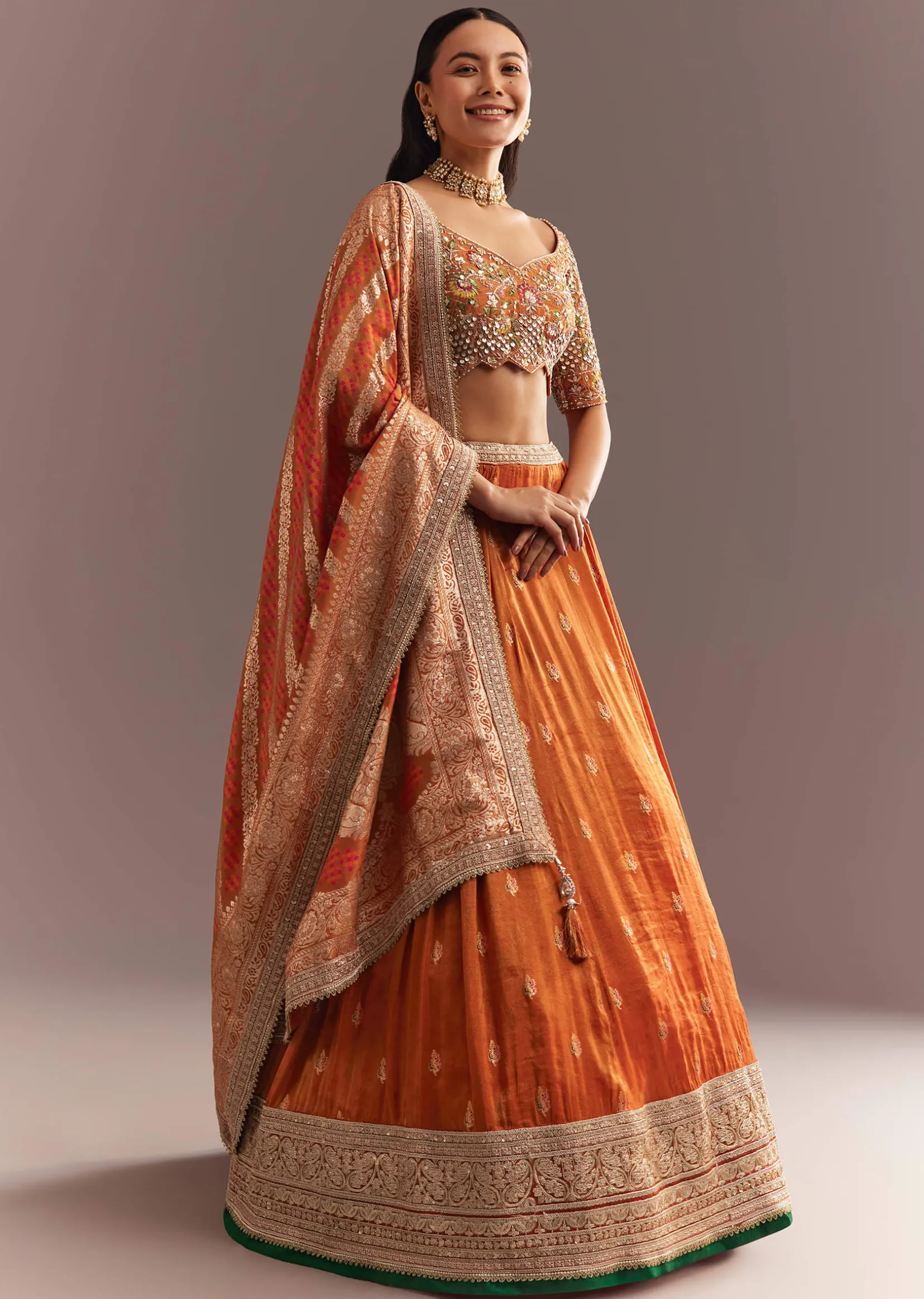 Orange Tissue Butti Embroidered Lehenga Choli And Woven Dupatta