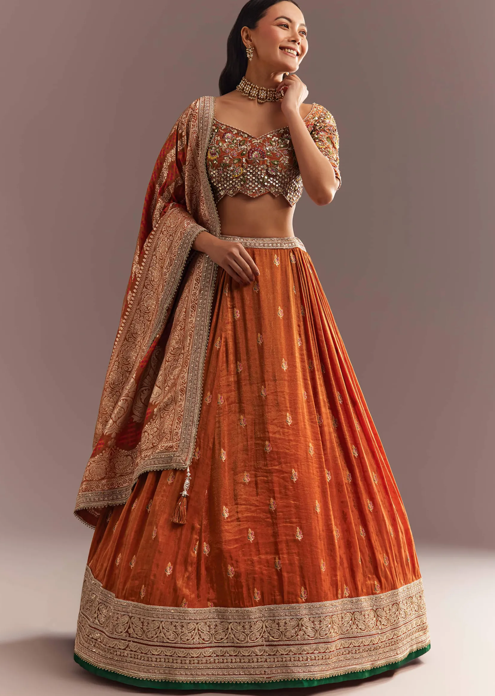 Orange Tissue Butti Embroidered Lehenga Choli And Woven Dupatta