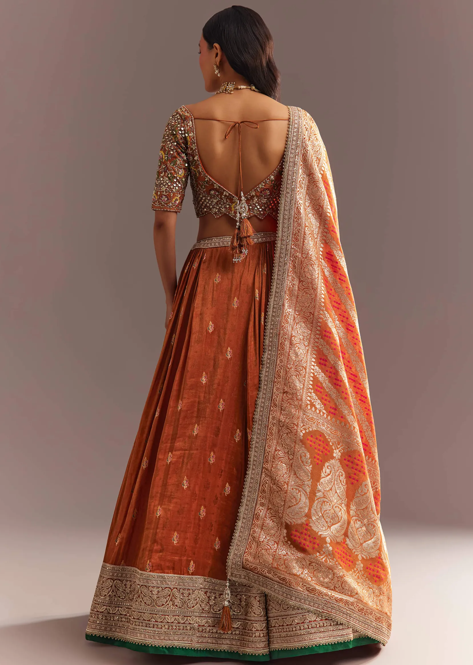 Orange Tissue Butti Embroidered Lehenga Choli And Woven Dupatta