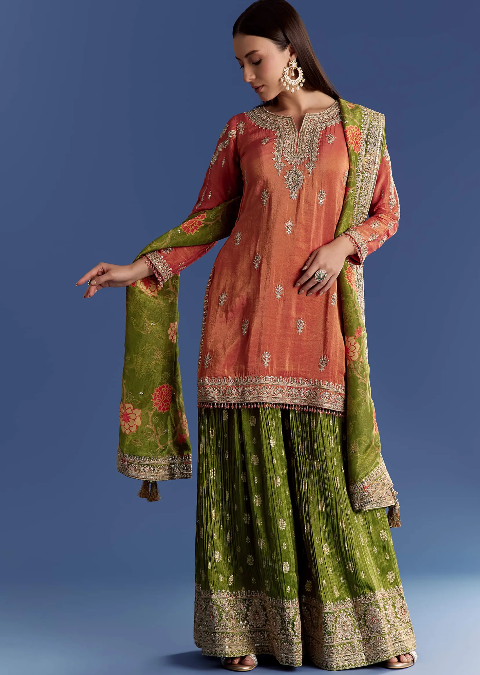 Orange Tissue Kurta Set With Zari Palazzo And Floral Dupatta