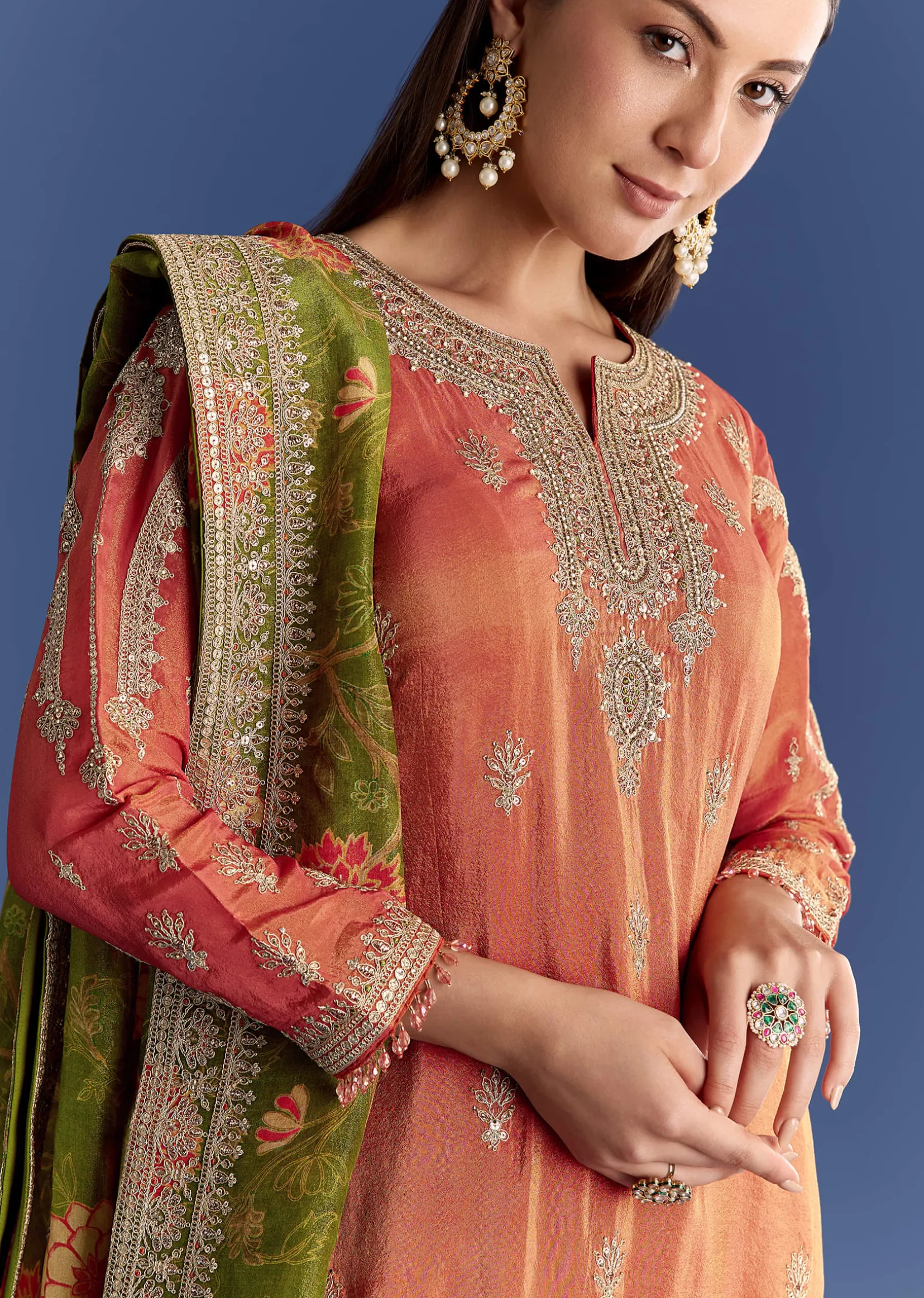 Orange Tissue Kurta Set With Zari Palazzo And Floral Dupatta