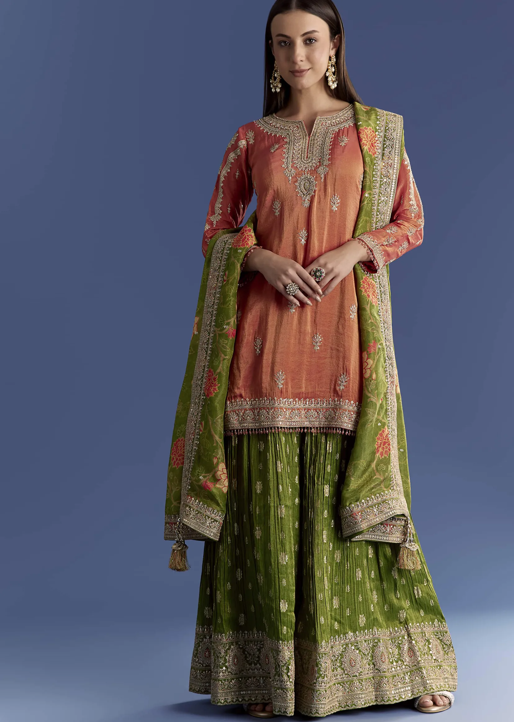 Orange Tissue Kurta Set With Zari Palazzo And Floral Dupatta