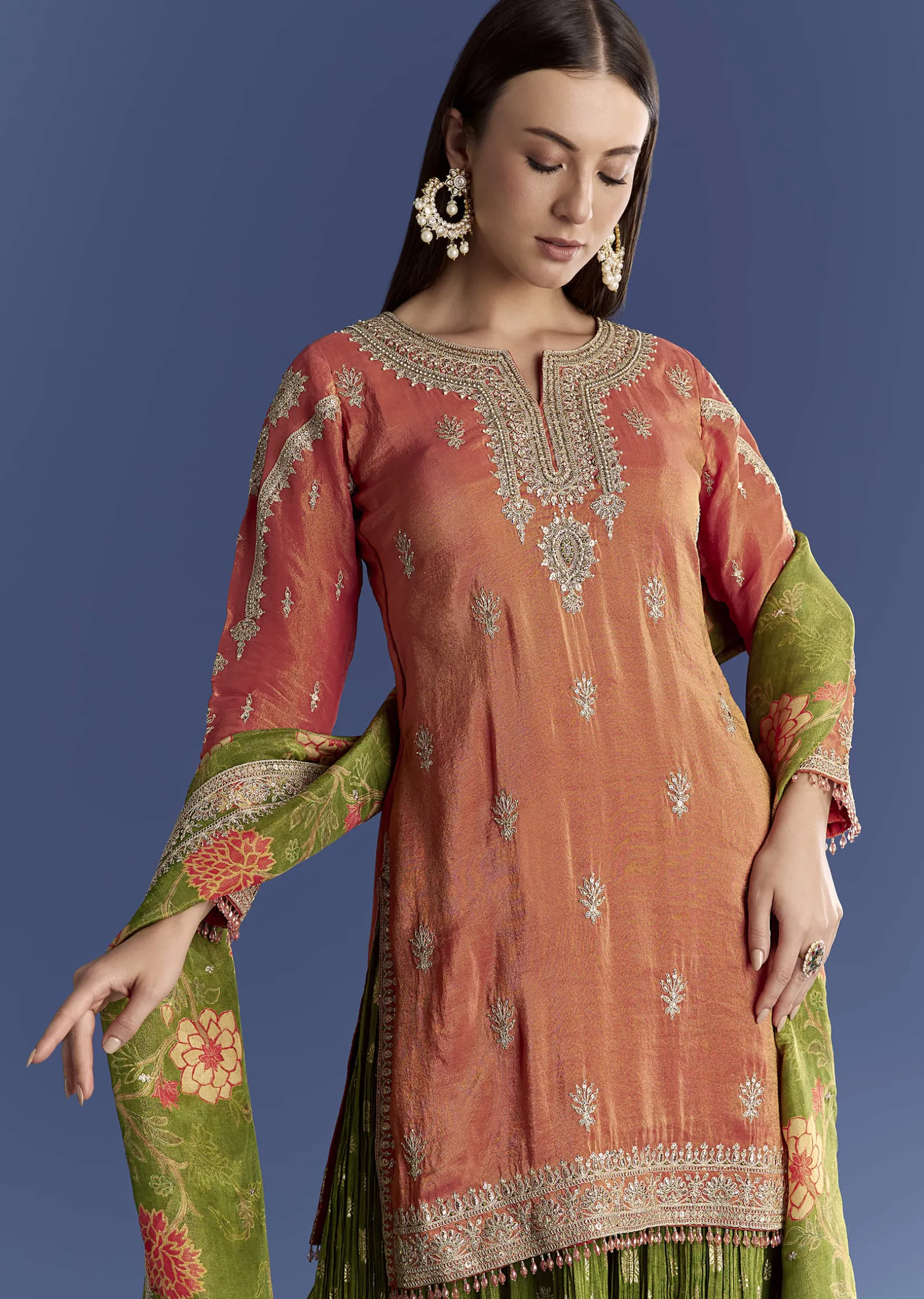 Orange Tissue Kurta Set With Zari Palazzo And Floral Dupatta