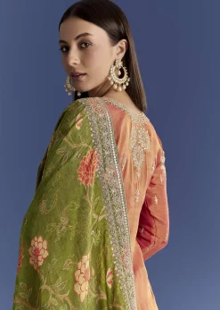 Orange Tissue Kurta Set With Zari Palazzo And Floral Dupatta