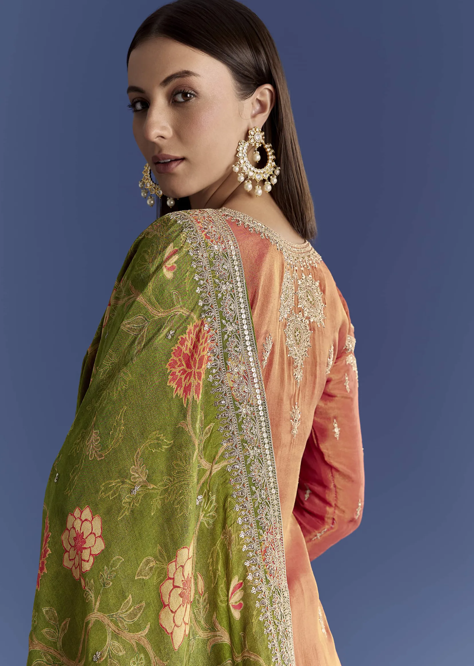 Orange Tissue Kurta Set With Zari Palazzo And Floral Dupatta