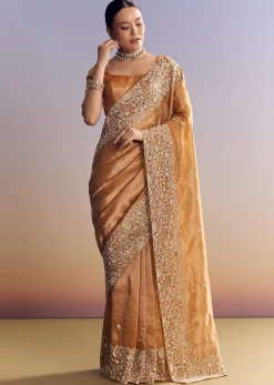 Orange Tissue Saree With Unstitched Heavy Embroidered Border