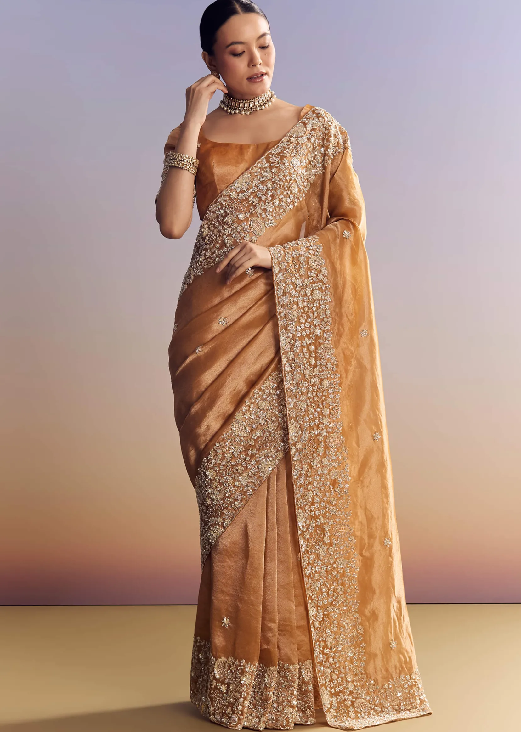 Orange Tissue Saree With Unstitched Heavy Embroidered Border