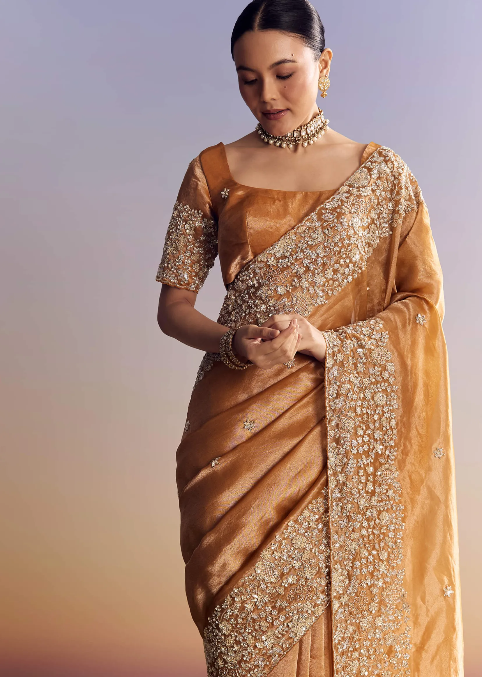 Orange Tissue Saree With Unstitched Heavy Embroidered Border