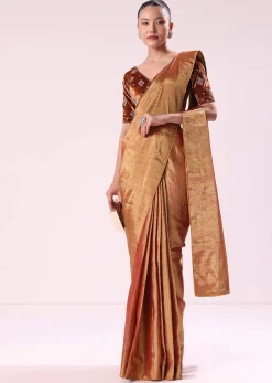 Orange Tissue Saree With Embroidered Rust Orange Stitched Blouse