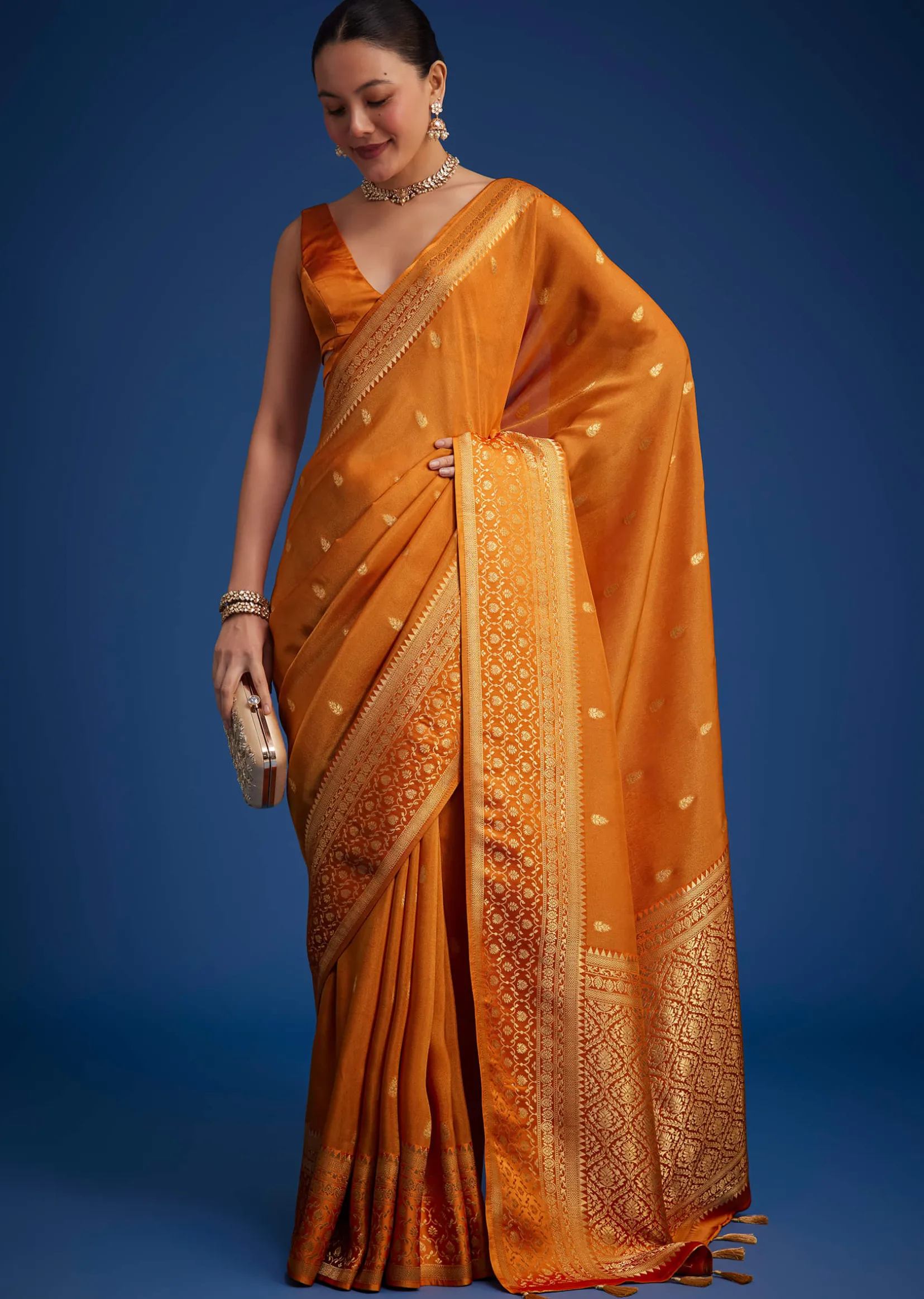 Orange Tissue Silk Saree With Zari Border And Butti Work