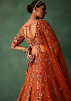 Orange Tussar Zardosi Embroidered Lehenga With Blouse And Dupatta