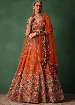 Orange Tussar Zardosi Embroidered Lehenga With Blouse And Dupatta