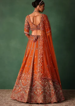 Orange Tussar Zardosi Embroidered Lehenga With Blouse And Dupatta