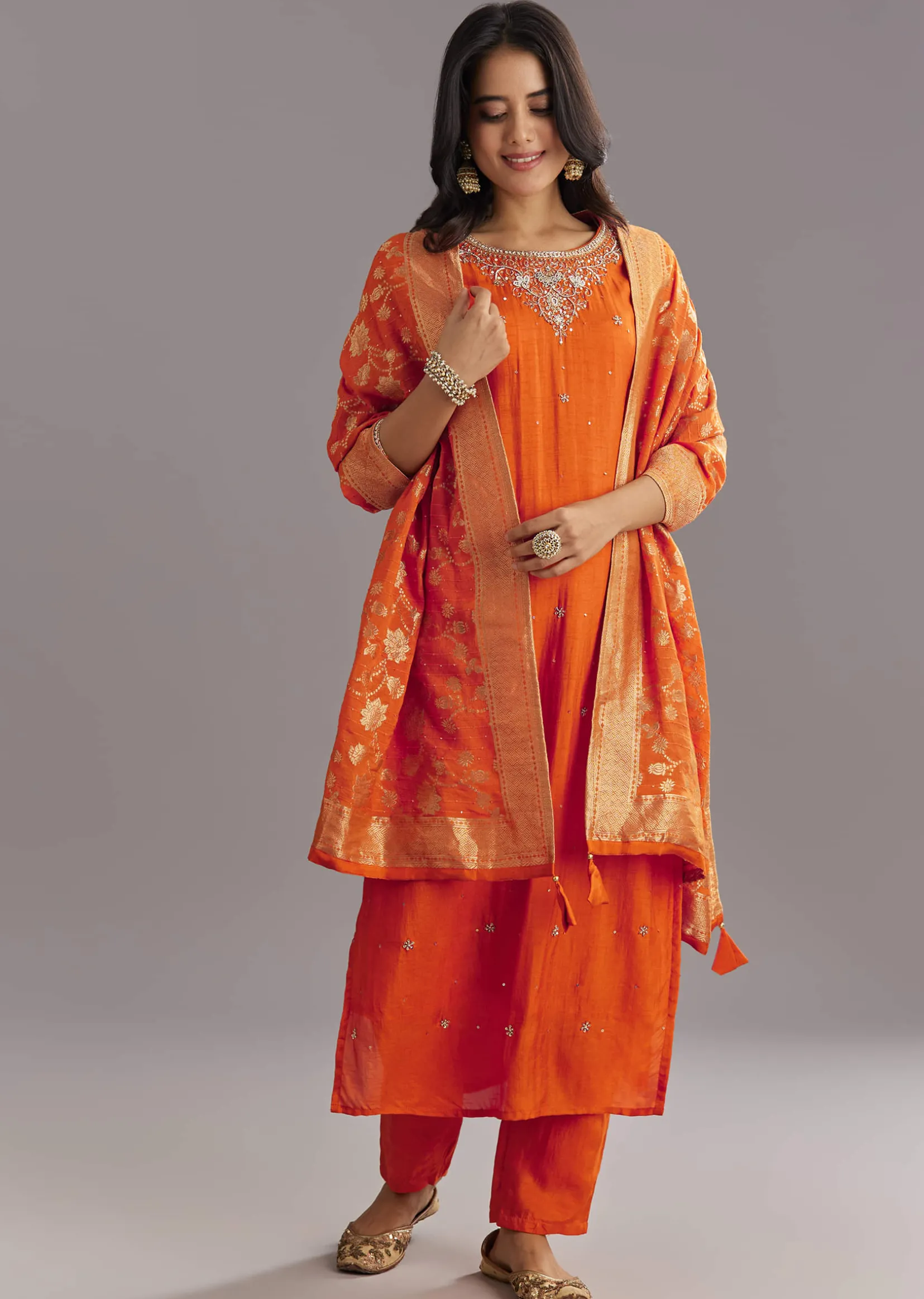 Orange Viscose Silk Kurta Set With Moti Beads and Cut Dana Detailing