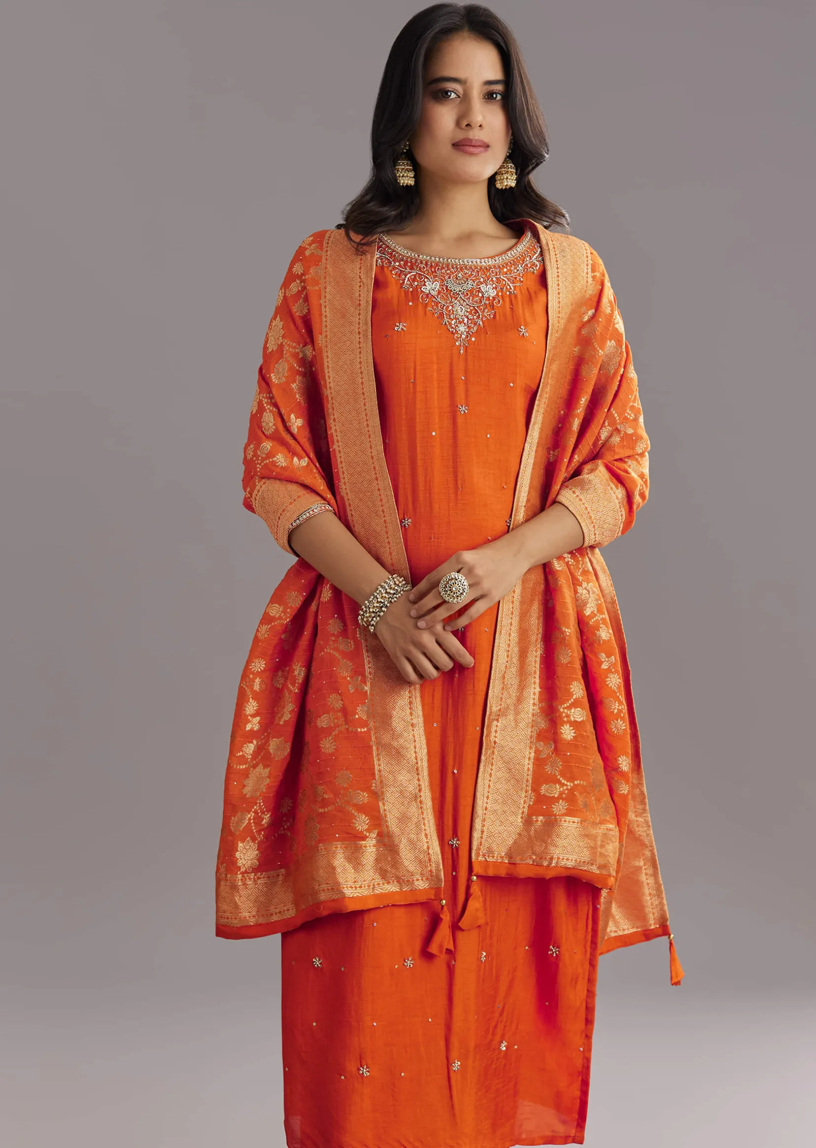 Orange Viscose Silk Kurta Set With Moti Beads and Cut Dana Detailing