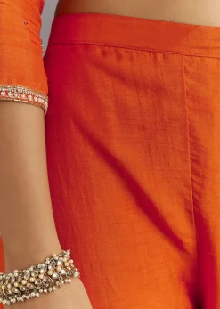 Orange Viscose Silk Kurta Set With Moti Beads and Cut Dana Detailing