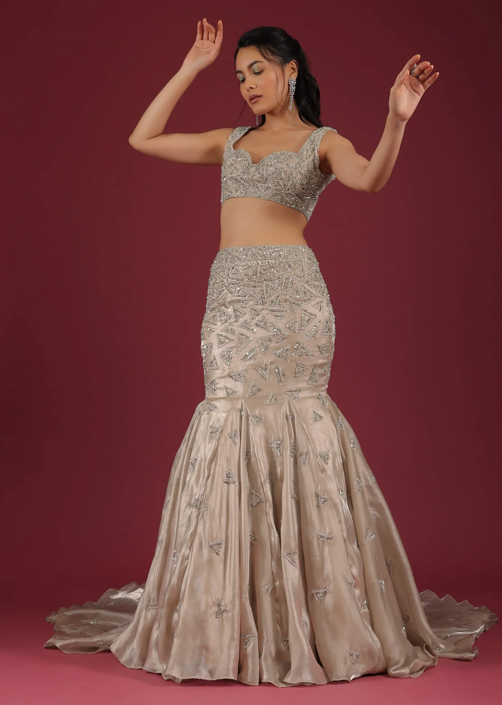 Organza Oyster Mermaid Lehenga With A Stone Motif Veil And Crop Top