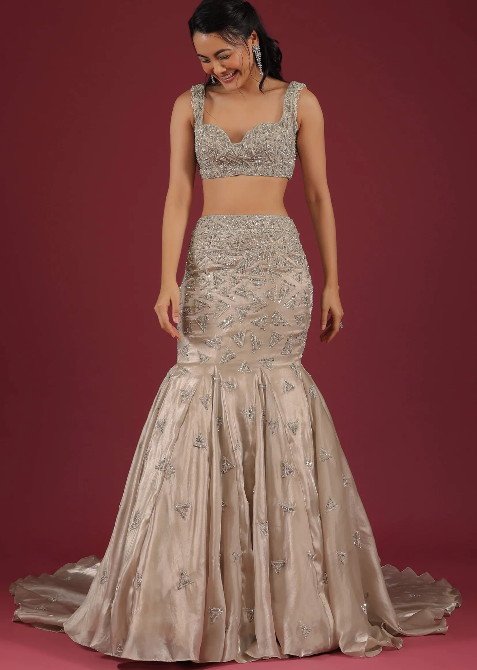 Organza Oyster Mermaid Lehenga With A Stone Motif Veil And Crop Top
