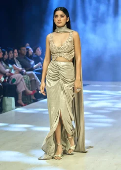 Oyster Beige Pre-Stitched Saree With Stylized Blouse
