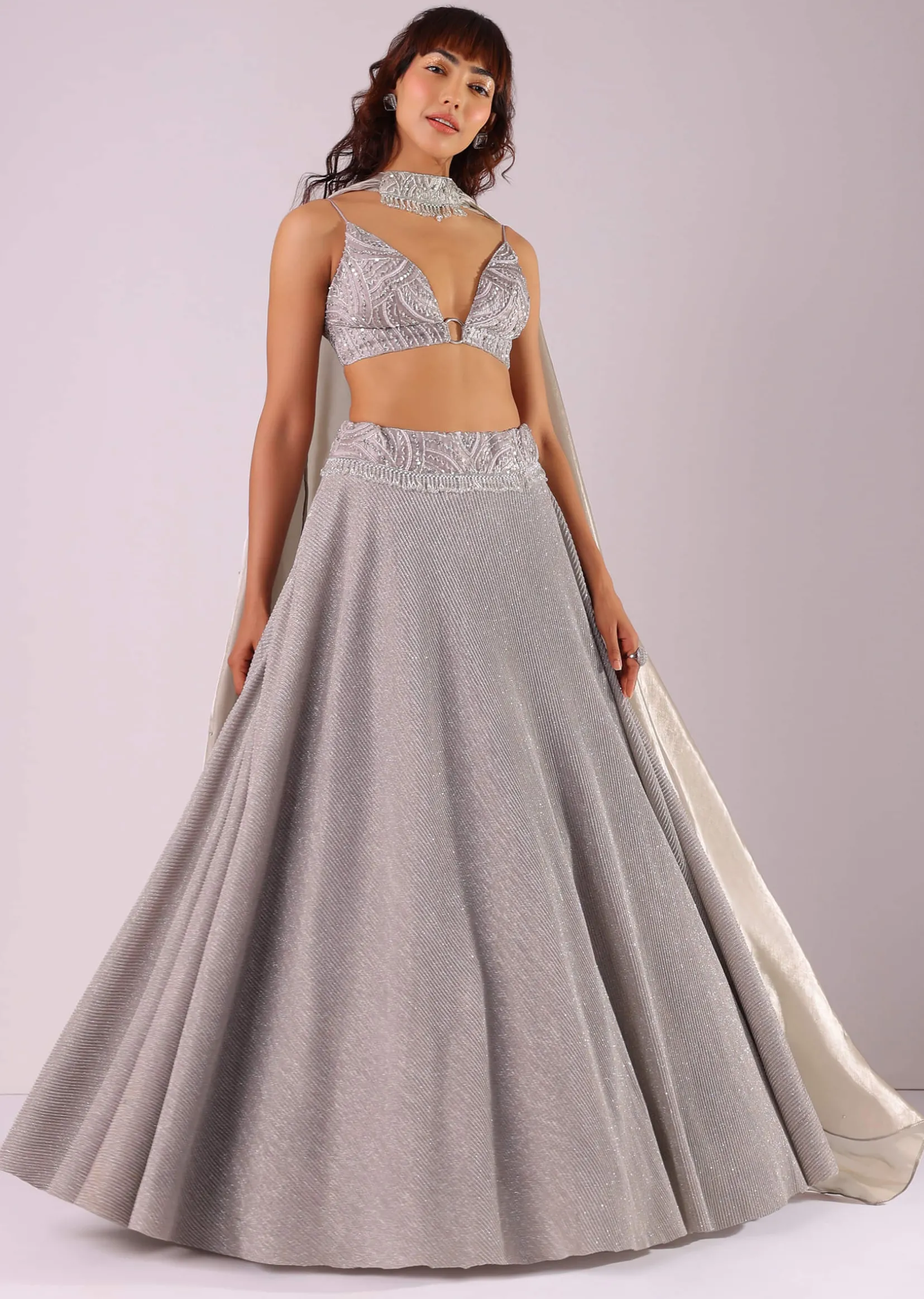 Oyster Grey Embroidered Lehenga Set In Knit With Choker Dupatta