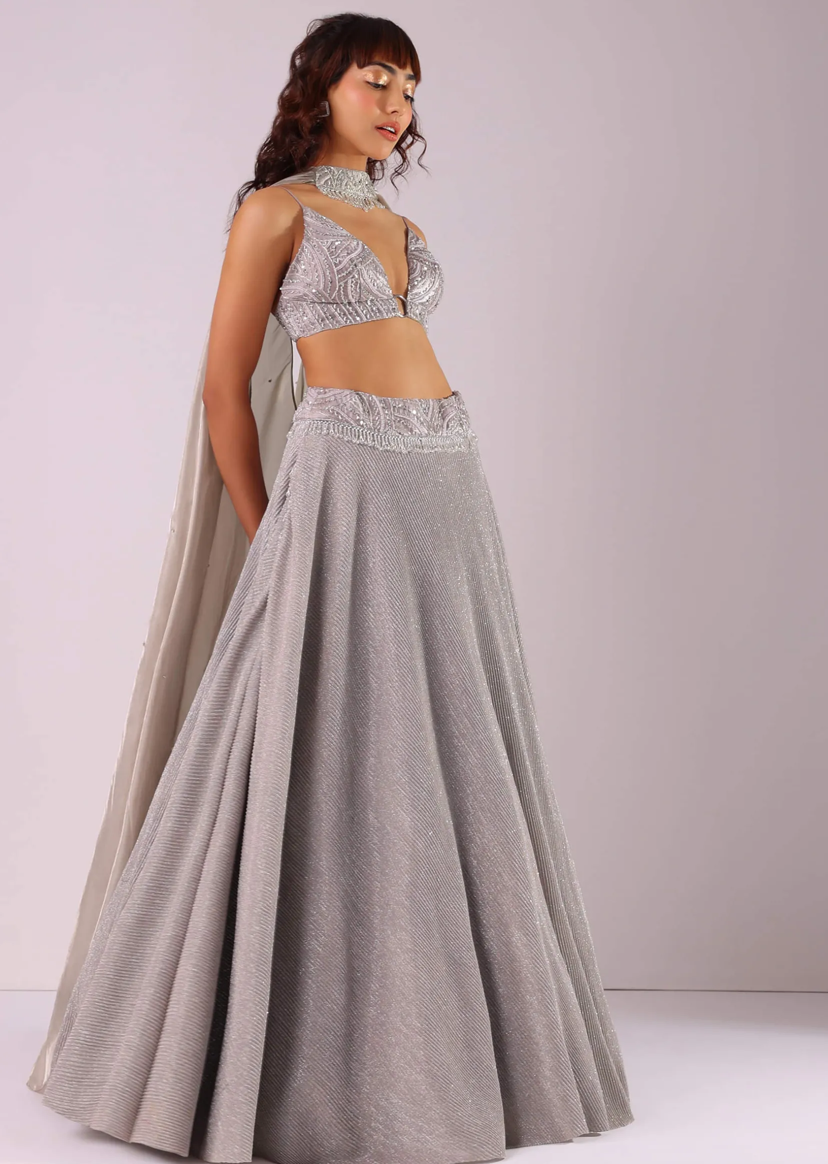 Oyster Grey Embroidered Lehenga Set In Knit With Choker Dupatta