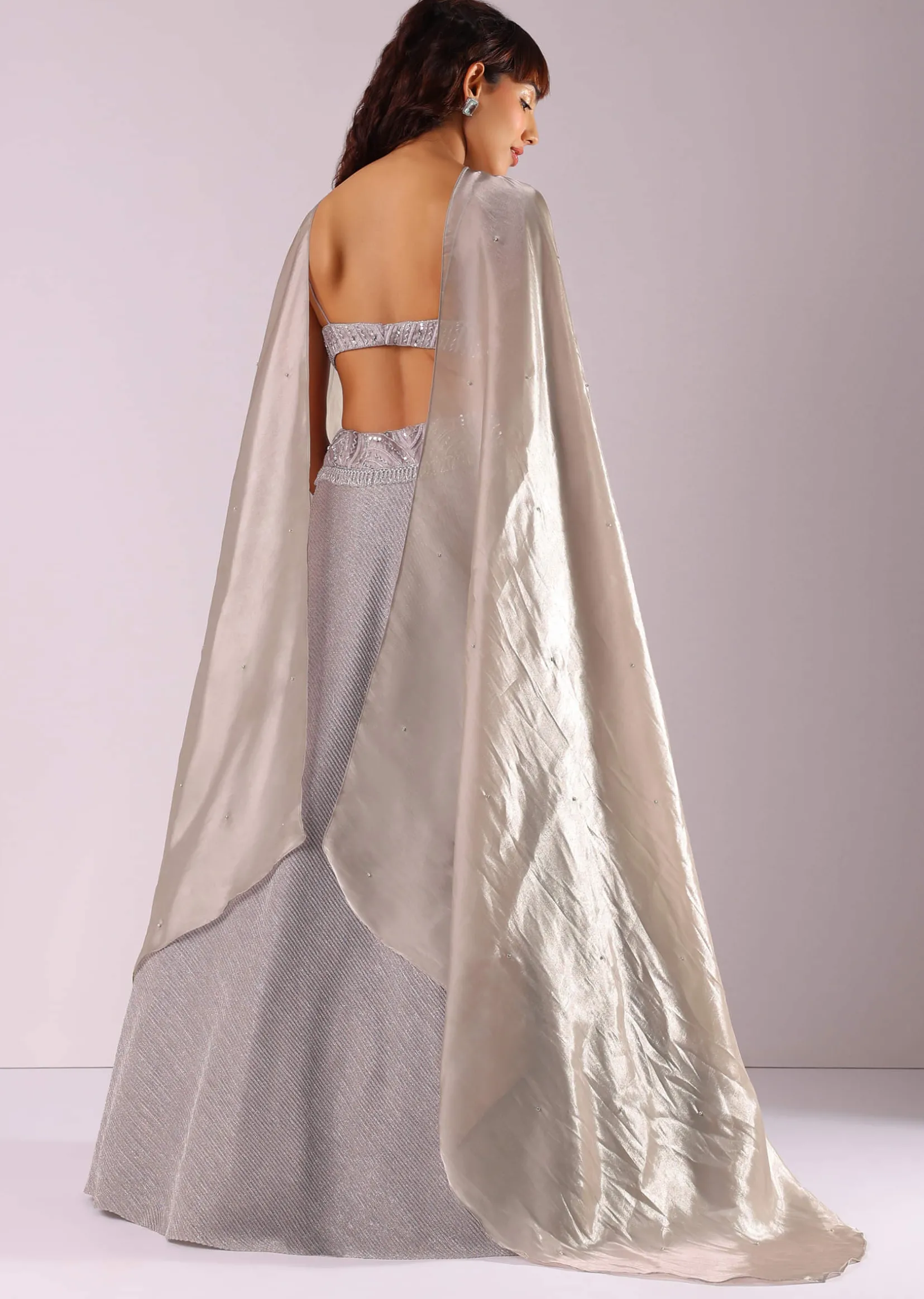Oyster Grey Embroidered Lehenga Set In Knit With Choker Dupatta