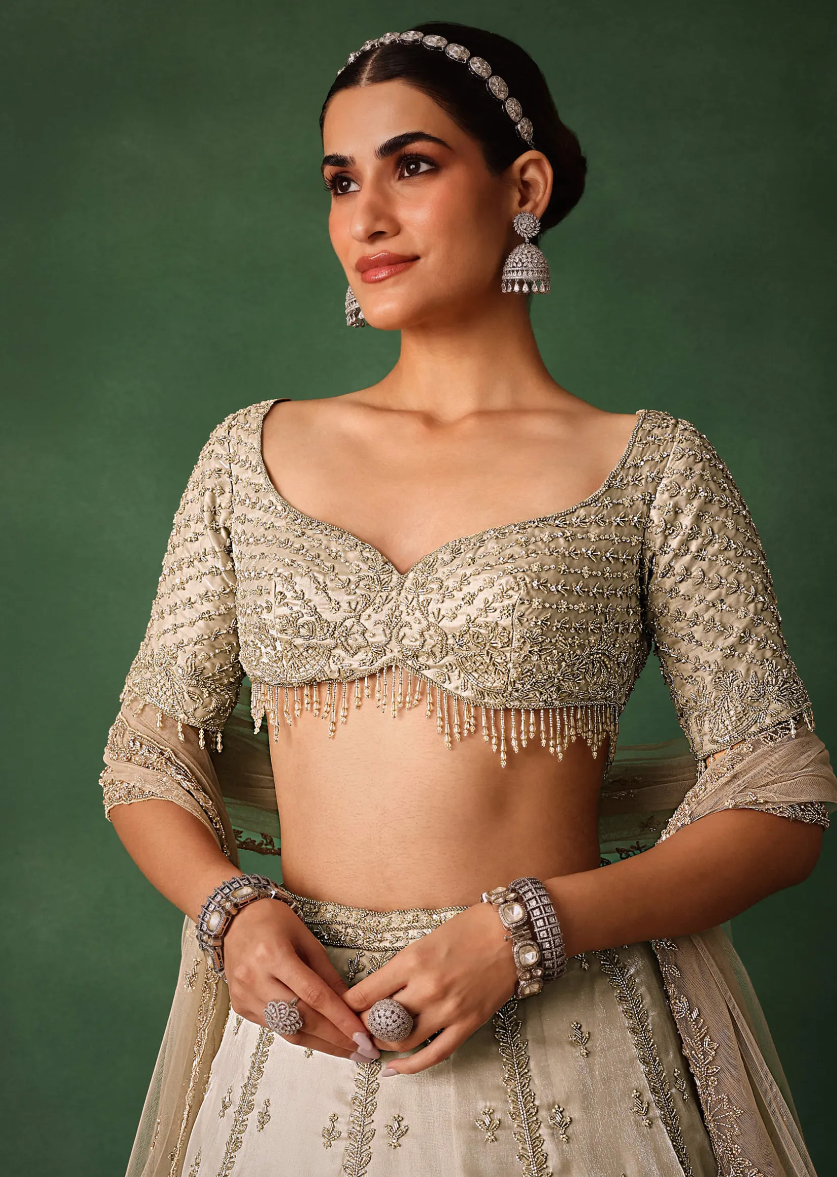 Oyster Hand Embroidered Organza Lehenga Set With Cutdana Work