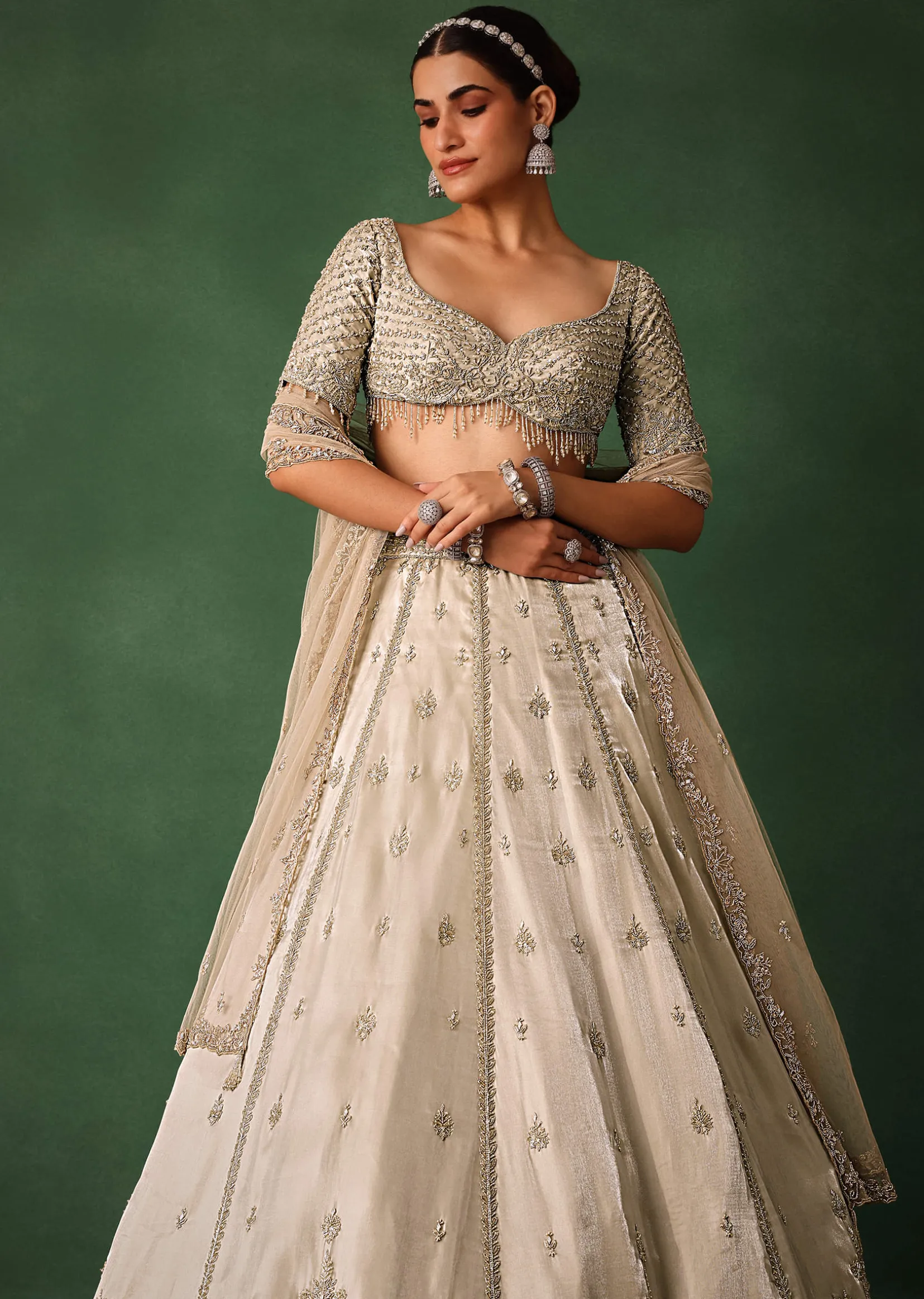Oyster Hand Embroidered Organza Lehenga Set With Cutdana Work