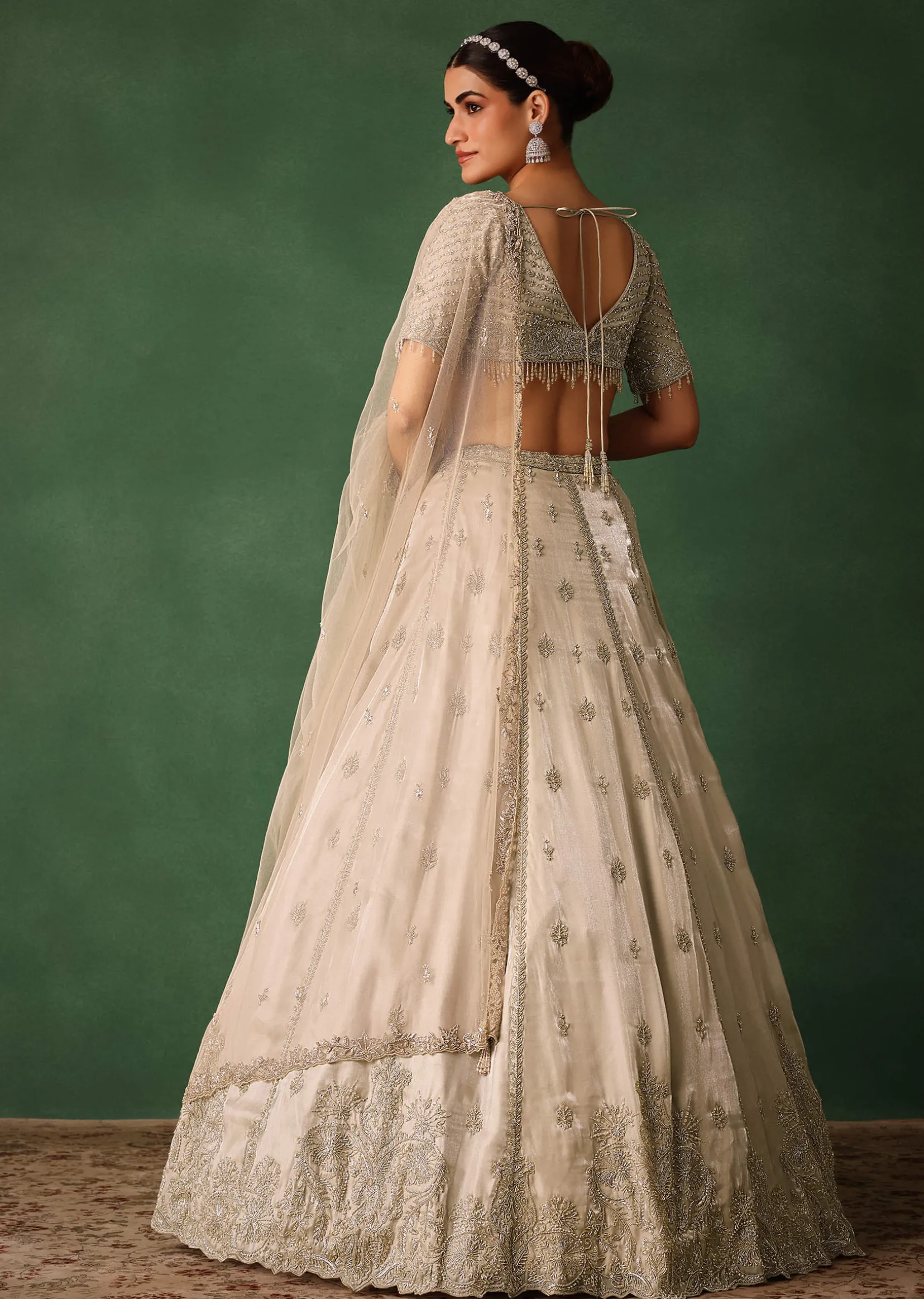 Oyster Hand Embroidered Organza Lehenga Set With Cutdana Work