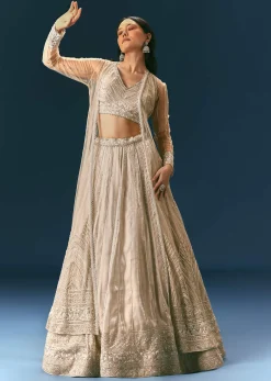 Oyster Lehenga Set In Organza With Jacket