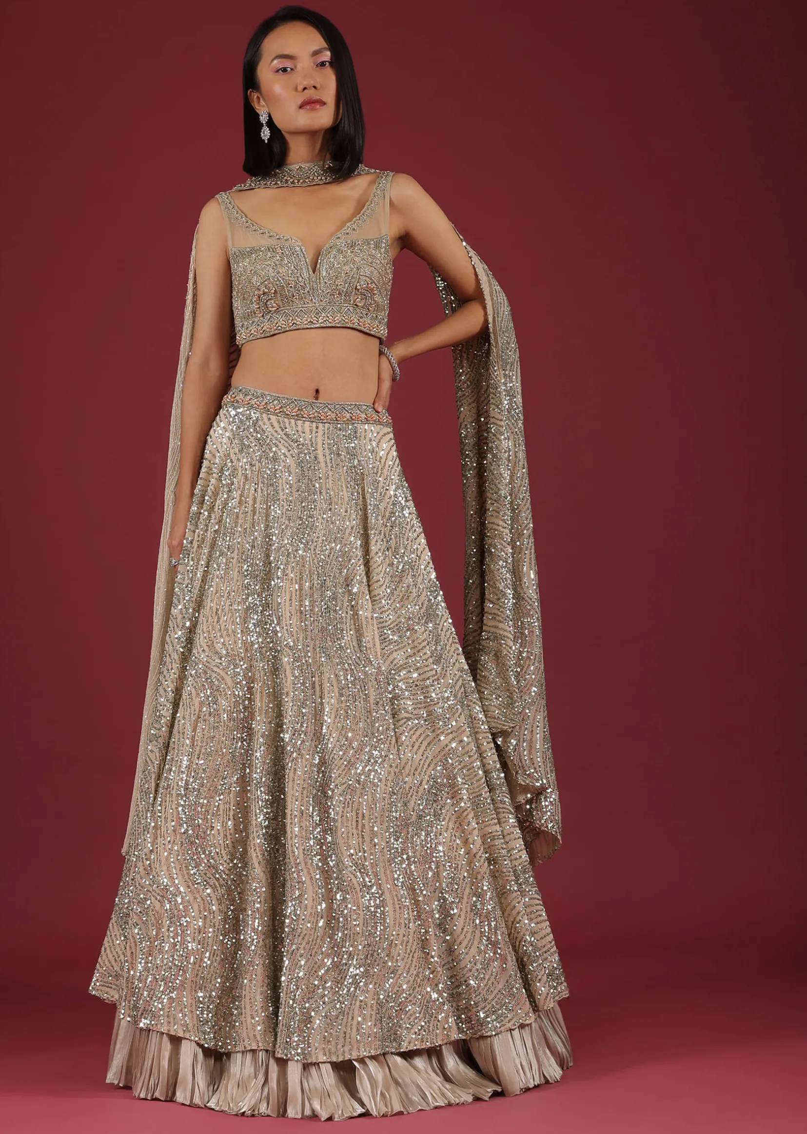 Oyster Net Lehenga And Crop Top With 3D Petal Motifs And An Open Back