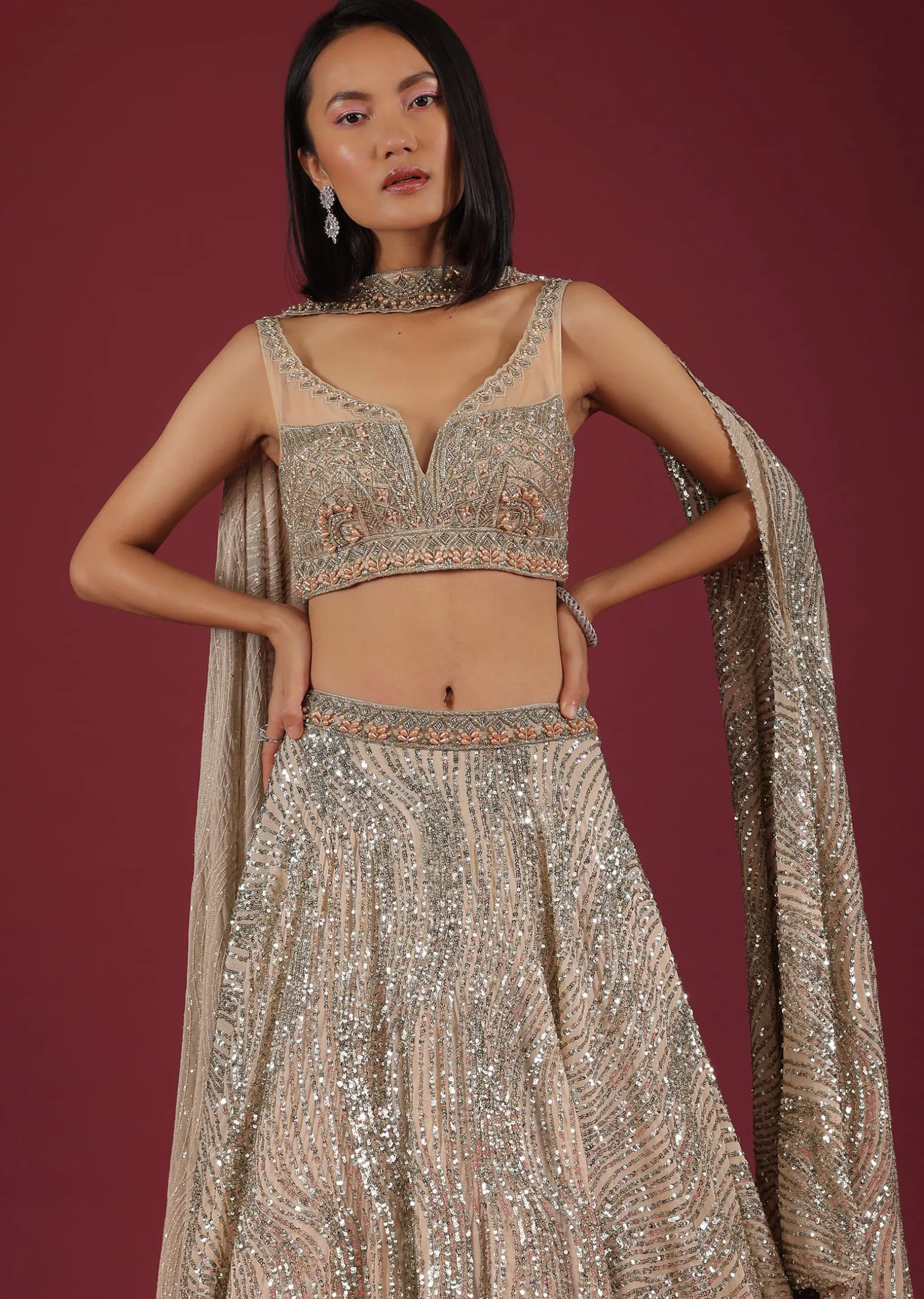 Oyster Net Lehenga And Crop Top With 3D Petal Motifs And An Open Back