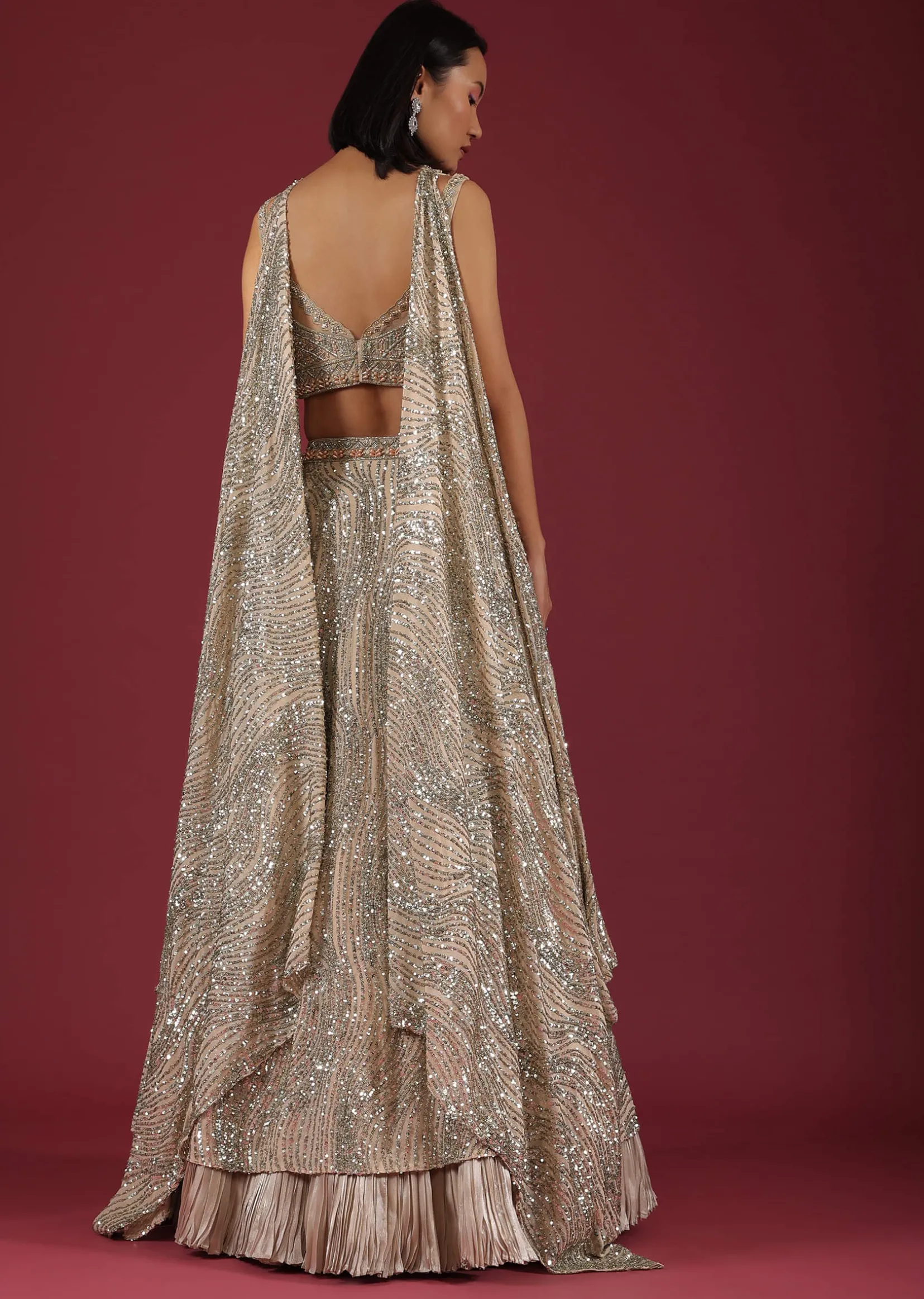 Oyster Net Lehenga And Crop Top With 3D Petal Motifs And An Open Back