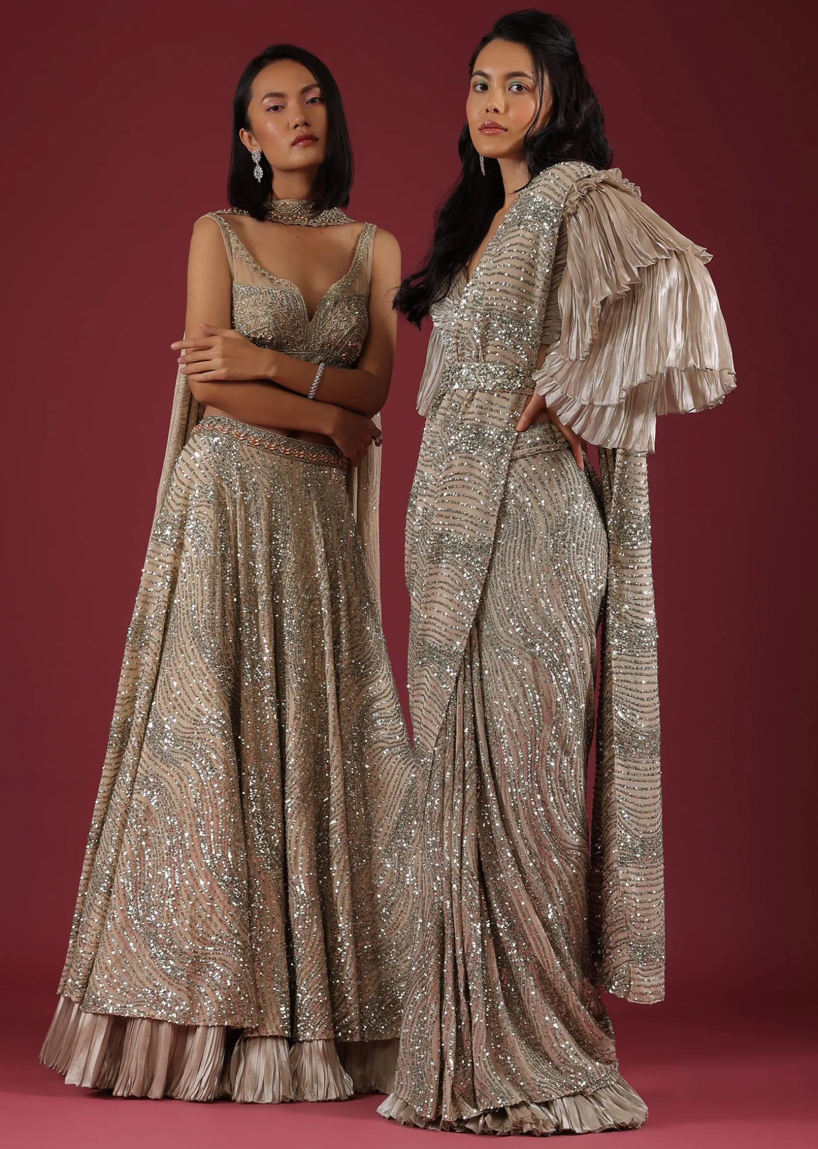 Oyster Net Lehenga And Crop Top With 3D Petal Motifs And An Open Back