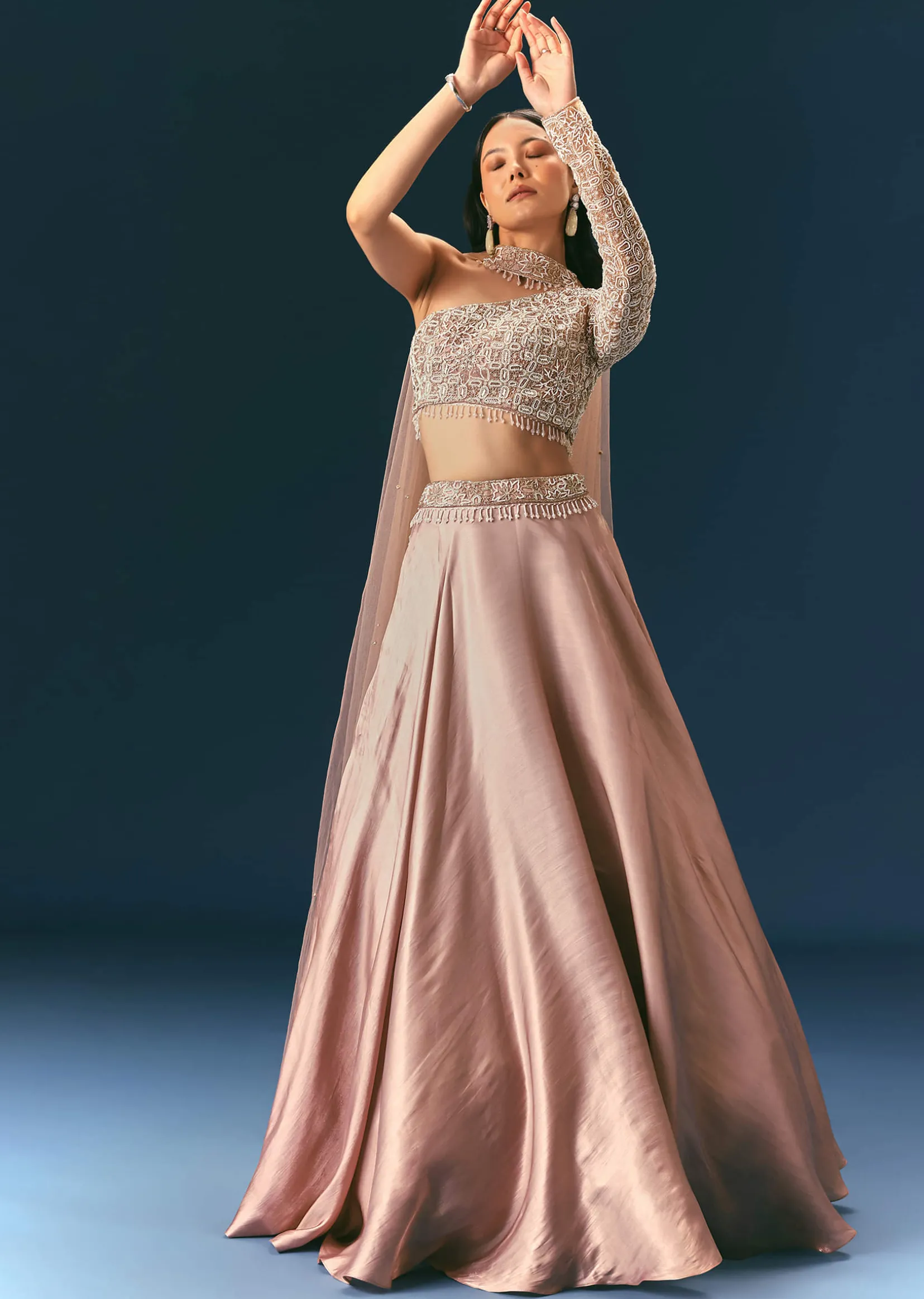 Oyster Organza Embroidered Lehenga Set With Dupatta